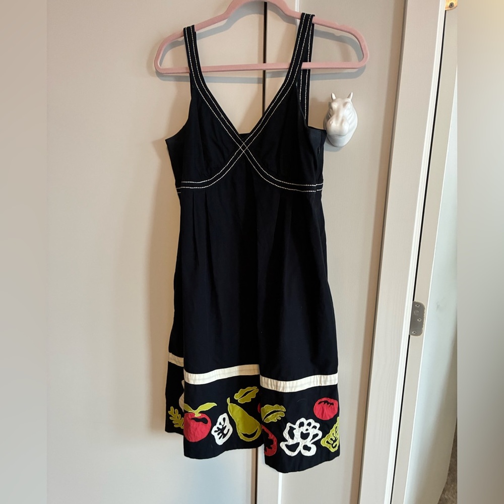 Black Dress with Colorful Fruit Embroidery. Anthropologie Maeve brand.